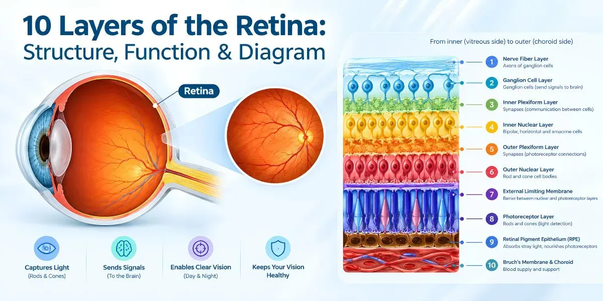 Cross-section illustration of the human retina showing its layered structure