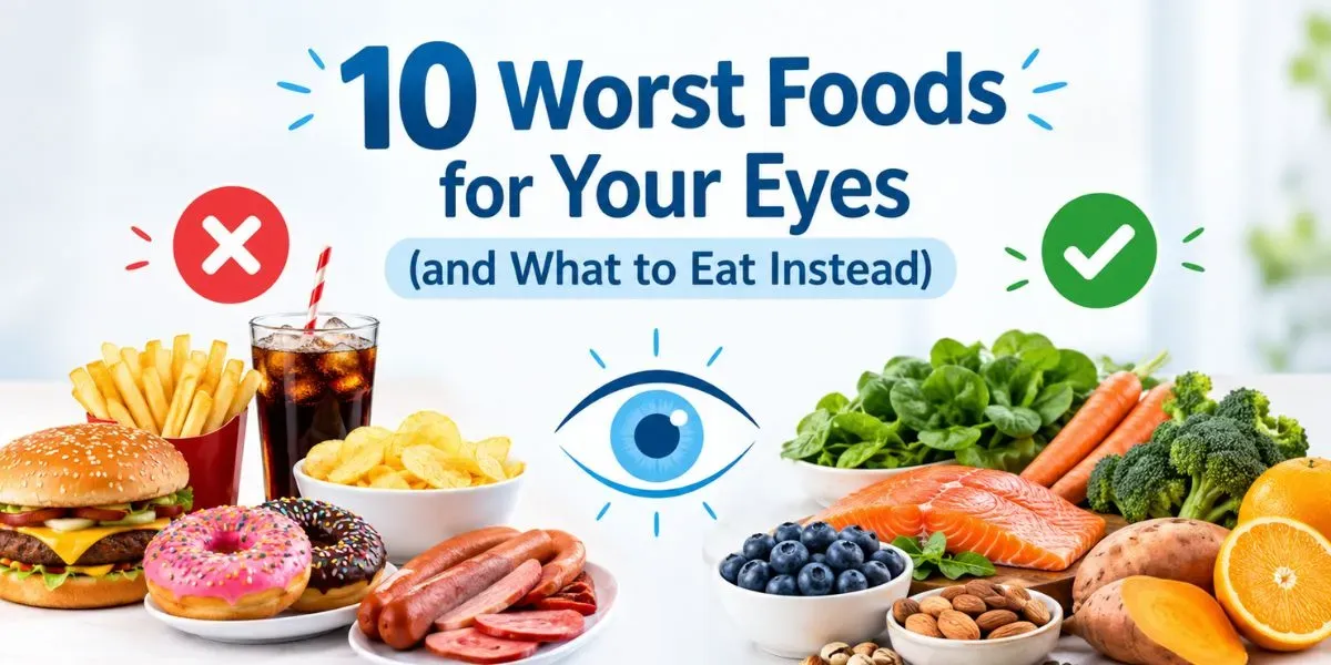 A spread of unhealthy foods including fried snacks, sugary drinks and processed meats that are bad for eye health