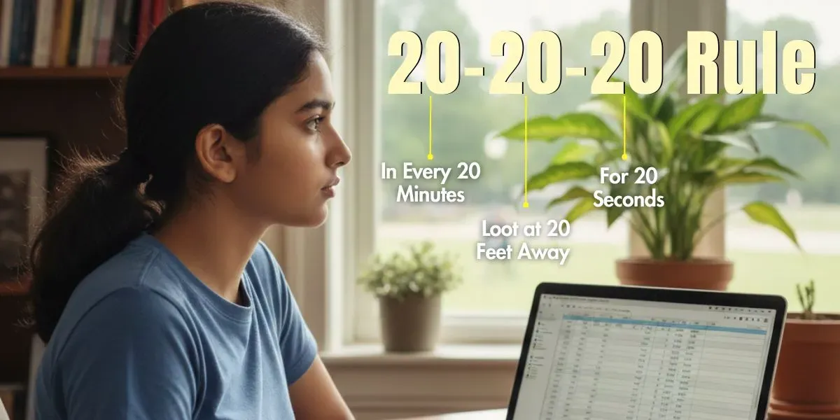 Illustration explaining the 20-20-20 rule for reducing digital eye strain