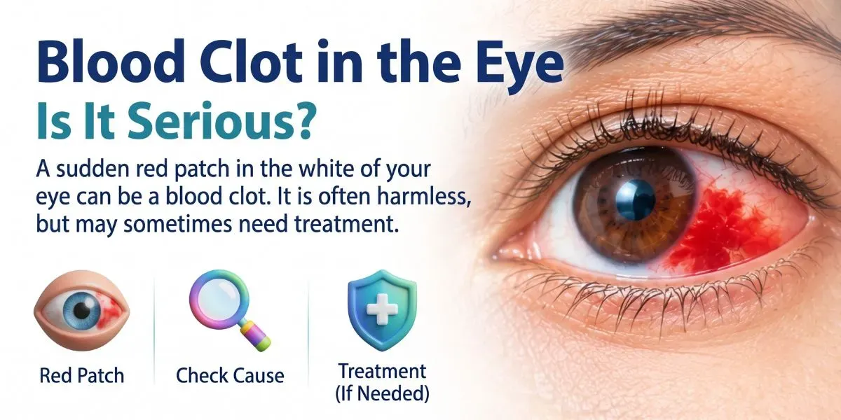 Illustration comparing a harmless surface blood spot on the eye with a serious retinal vein blockage