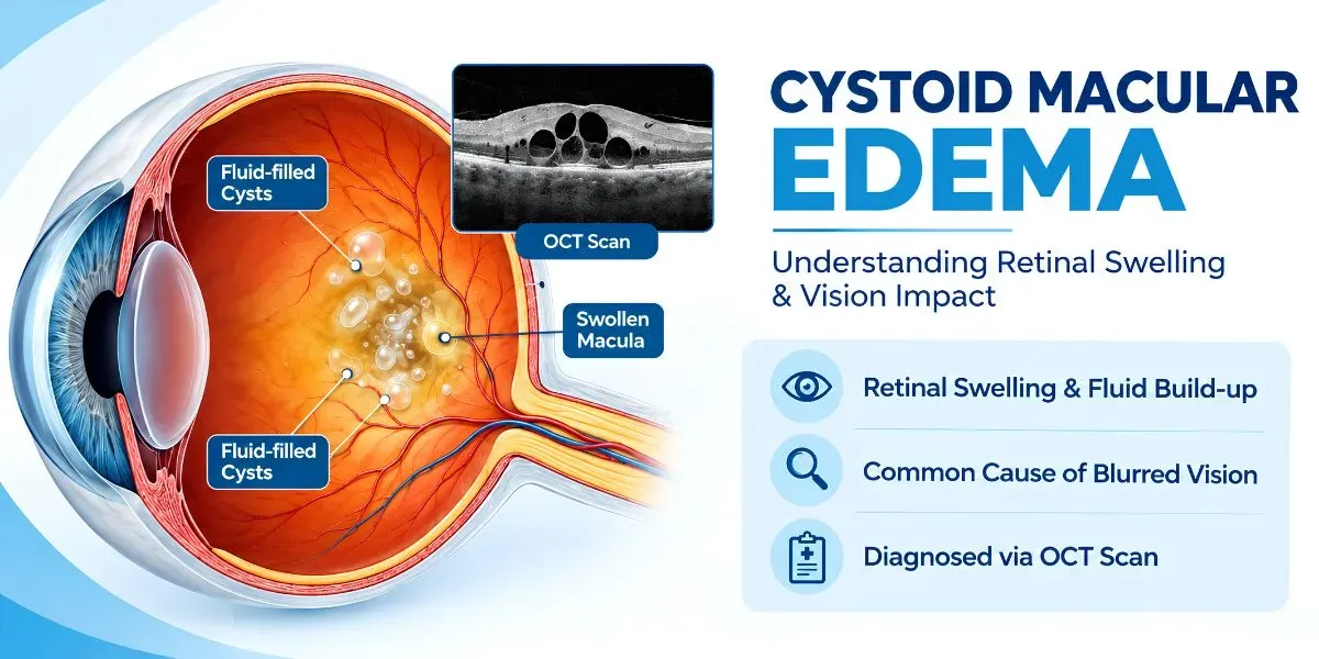 Illustration of cystoid macular edema showing fluid-filled cyst-like spaces in the macula