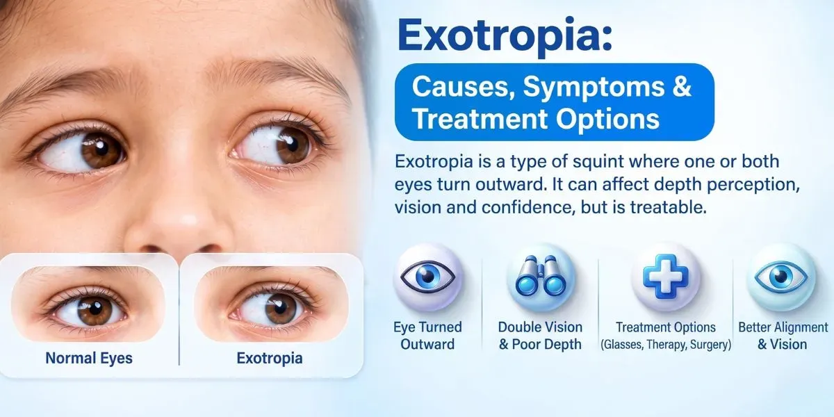 Illustration of exotropia, outward-turning eye alignment