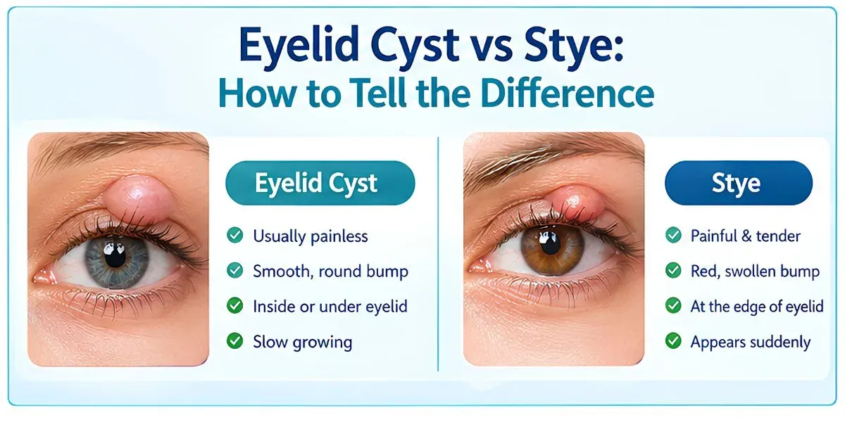 Side-by-side illustration comparing a painful stye at the lash line with a firm, painless eyelid cyst deeper in the lid