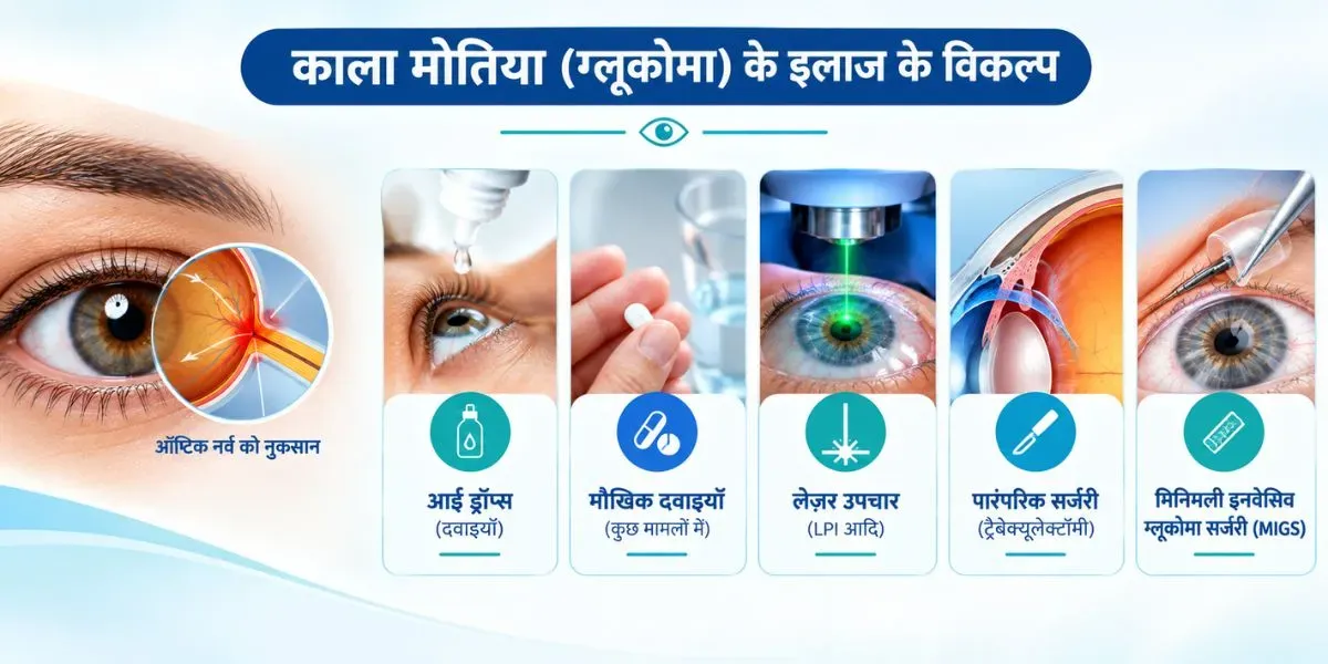 काला मोतिया (ग्लूकोमा) में आँख के अंदर बढ़ते दबाव और ऑप्टिक नर्व को होने वाले नुकसान का चित्रण