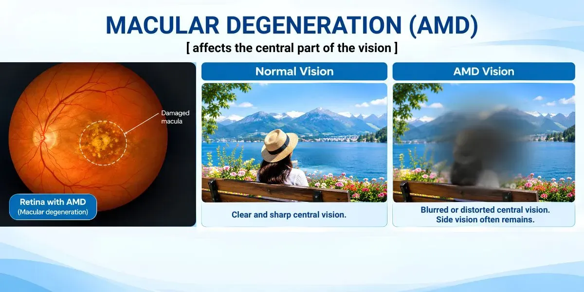 Illustration of the macula affected by age-related macular degeneration (AMD)