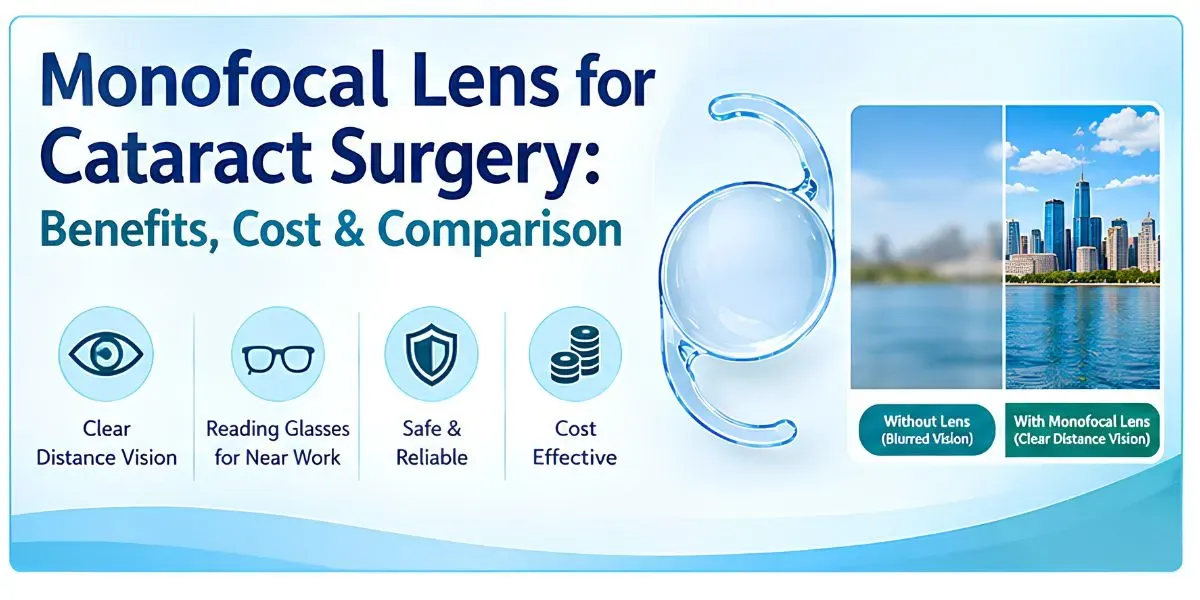 Illustration of a monofocal intraocular lens implanted in the eye after cataract surgery