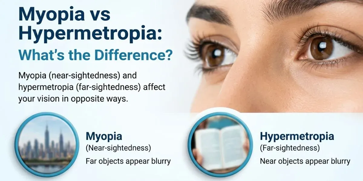 Diagram comparing myopia and hypermetropia showing where light focuses relative to the retina