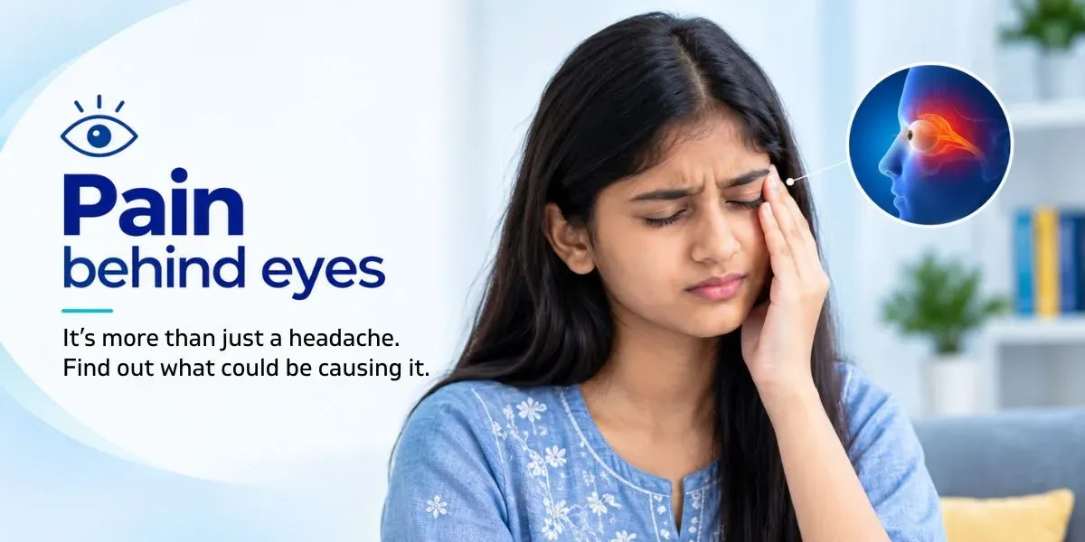 Person experiencing pain behind the eyes, holding their forehead