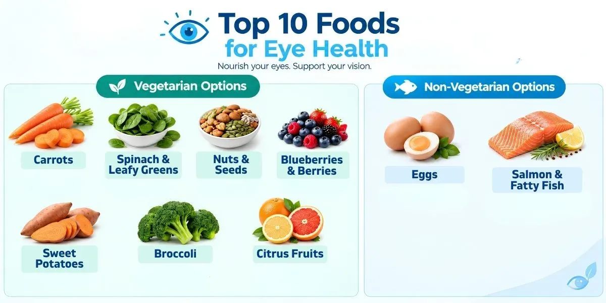 A colourful spread of eye-healthy foods including carrots, spinach, eggs, salmon and citrus fruits