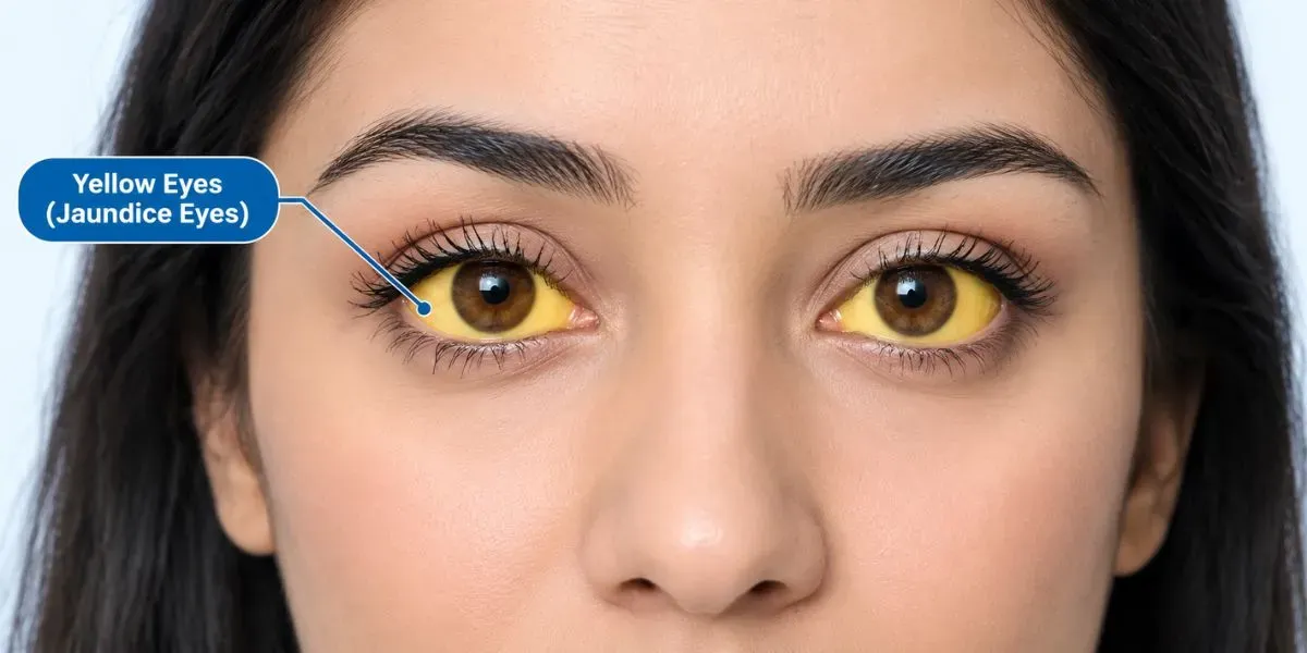 Close-up of yellow eyes, a sign of jaundice